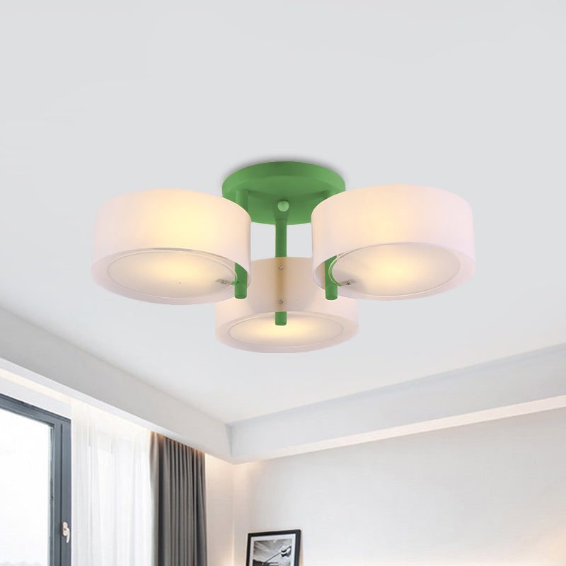 Sleek Macaron Semi Flush Mount Ceiling Light with Frosted Glass Drum Shade - 3 Lights for Kids' Bedroom