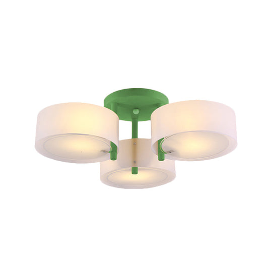 Sleek Macaron Semi Flush Mount Ceiling Light With Frosted Glass Drum Shade - 3 Lights For Kids