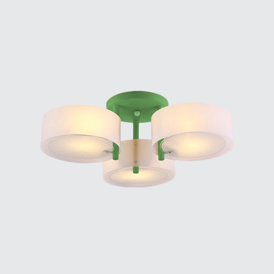 Sleek Macaron Semi Flush Mount Ceiling Light With Frosted Glass Drum Shade - 3 Lights For Kids