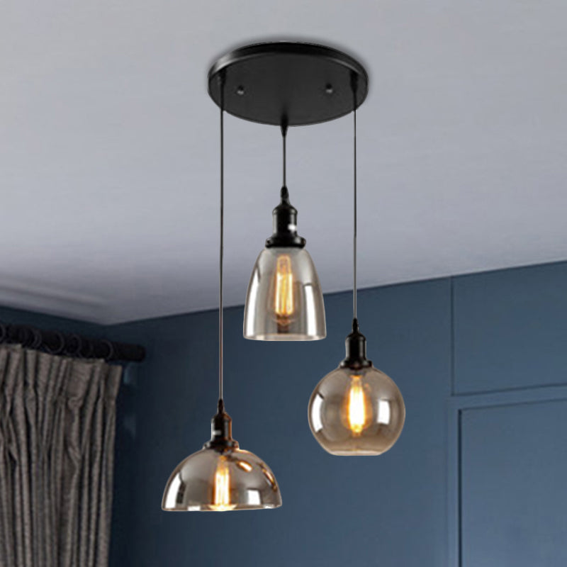 Black Industrial Smoked Glass Cluster Pendant Light With Geometric Shade - Multiple Hanging Lights 3