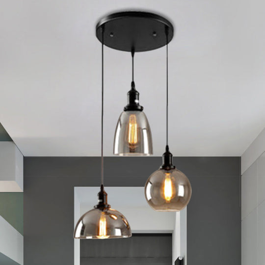 Industrial Smoked Glass Geometric Pendant Light Cluster with Black 3/4 Lights, Linear/Round Canopy