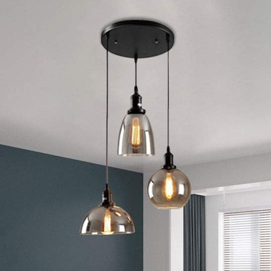 Industrial Smoked Glass Geometric Pendant Light Cluster with Black 3/4 Lights, Linear/Round Canopy