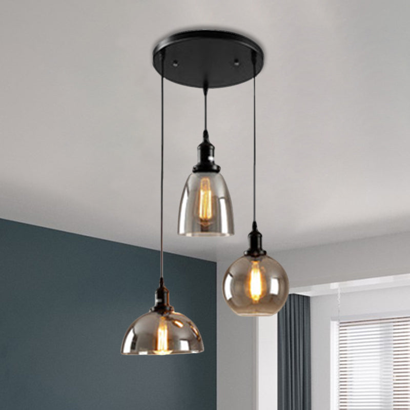 Black Industrial Smoked Glass Cluster Pendant Light With Geometric Shade - Multiple Hanging Lights