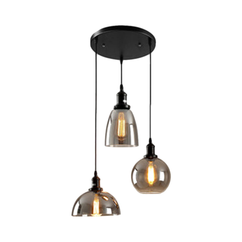 Industrial Smoked Glass Geometric Pendant Light Cluster with Black 3/4 Lights, Linear/Round Canopy