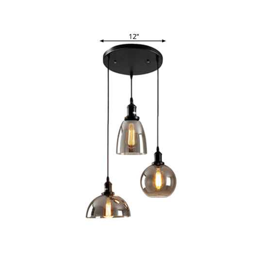 Industrial Smoked Glass Geometric Pendant Light Cluster with Black 3/4 Lights, Linear/Round Canopy