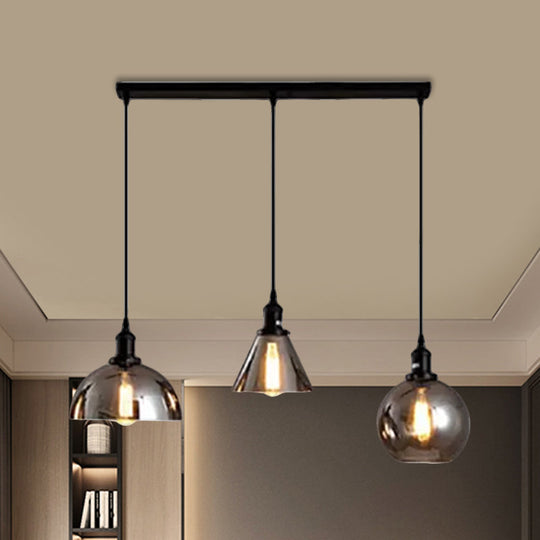 Industrial Smoked Glass Geometric Pendant Light Cluster with Black 3/4 Lights, Linear/Round Canopy