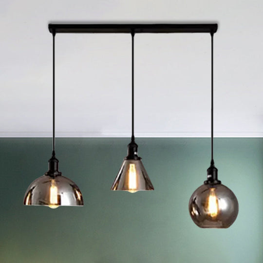 Industrial Smoked Glass Geometric Pendant Light Cluster with Black 3/4 Lights, Linear/Round Canopy