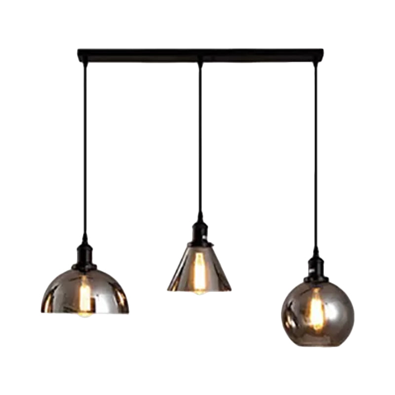 Industrial Smoked Glass Geometric Pendant Light Cluster with Black 3/4 Lights, Linear/Round Canopy