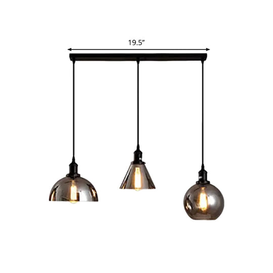 Industrial Smoked Glass Geometric Pendant Light Cluster with Black 3/4 Lights, Linear/Round Canopy