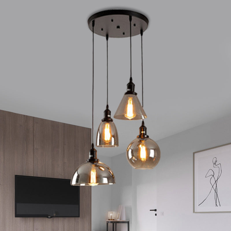 Black Industrial Smoked Glass Cluster Pendant Light With Geometric Shade - Multiple Hanging Lights 4