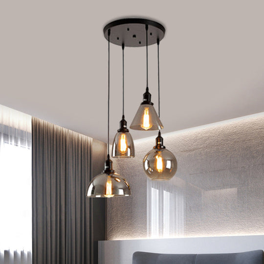 Industrial Smoked Glass Geometric Pendant Light Cluster with Black 3/4 Lights, Linear/Round Canopy