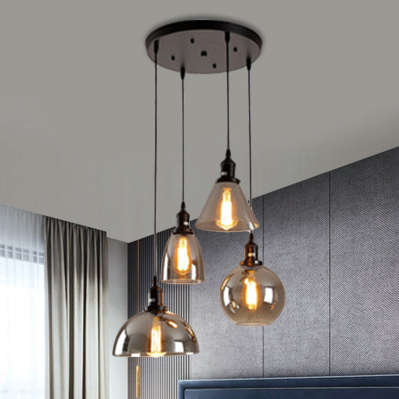 Industrial Smoked Glass Geometric Pendant Light Cluster with Black 3/4 Lights, Linear/Round Canopy