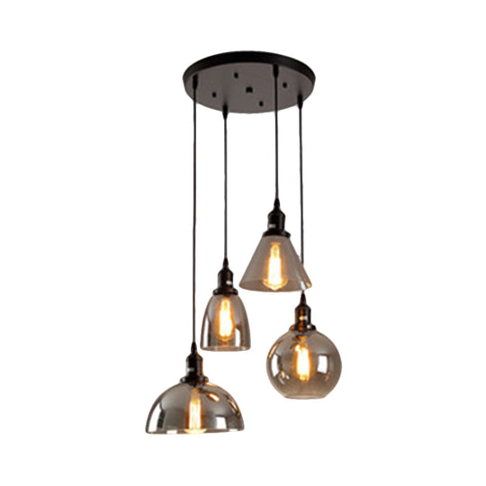 Industrial Smoked Glass Geometric Pendant Light Cluster with Black 3/4 Lights, Linear/Round Canopy