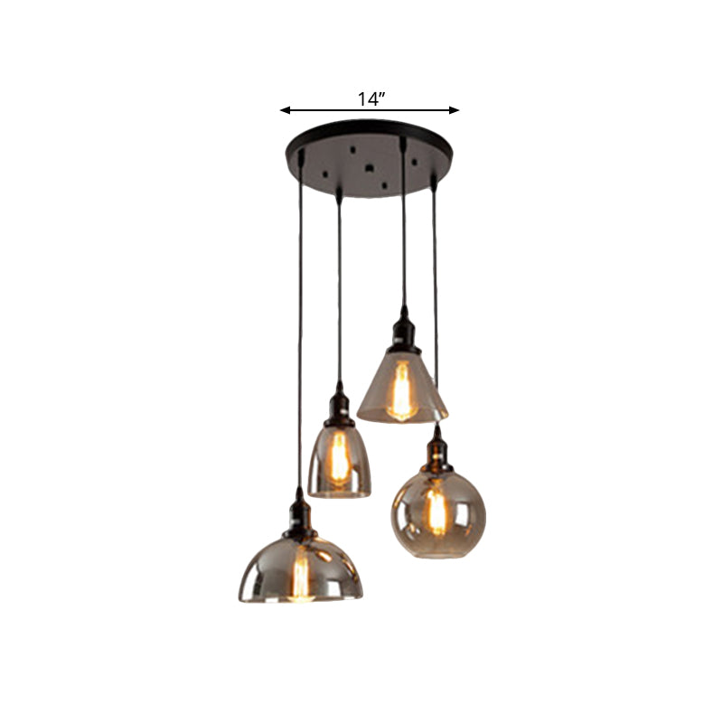 Industrial Smoked Glass Geometric Pendant Light Cluster with Black 3/4 Lights, Linear/Round Canopy