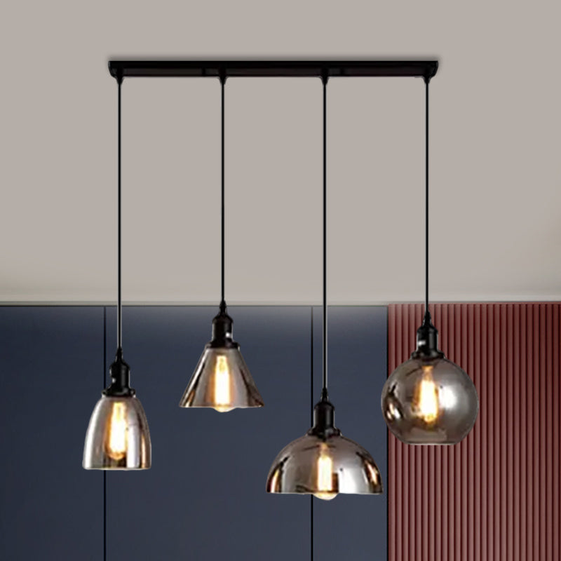 Industrial Smoked Glass Geometric Pendant Light Cluster with Black 3/4 Lights, Linear/Round Canopy