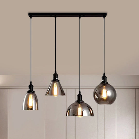 Industrial Smoked Glass Geometric Pendant Light Cluster with Black 3/4 Lights, Linear/Round Canopy