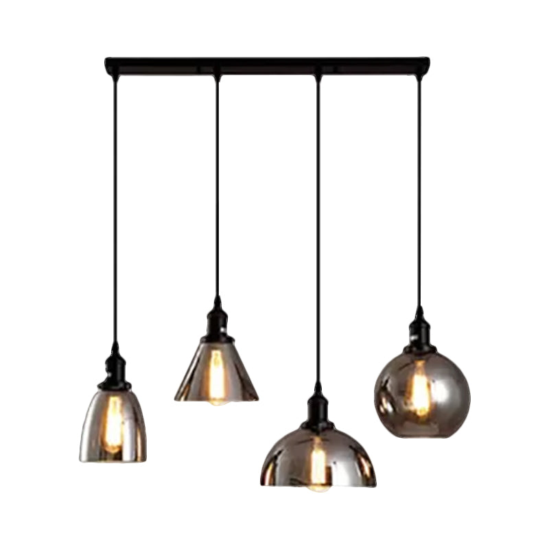 Industrial Smoked Glass Geometric Pendant Light Cluster with Black 3/4 Lights, Linear/Round Canopy