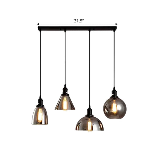 Industrial Smoked Glass Geometric Pendant Light Cluster with Black 3/4 Lights, Linear/Round Canopy