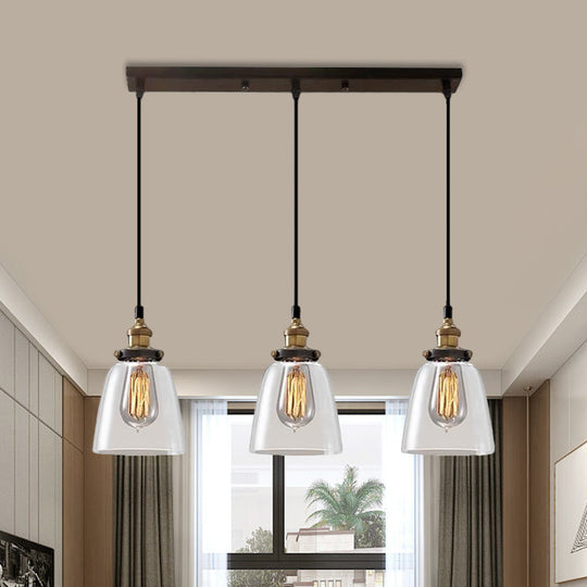 Cone/Bowl Smoked Glass Industrial Pendant Hanging Lamp - 3-Light Coffee Shop Fixture with Multi-Lights - Linear/Round Canopy