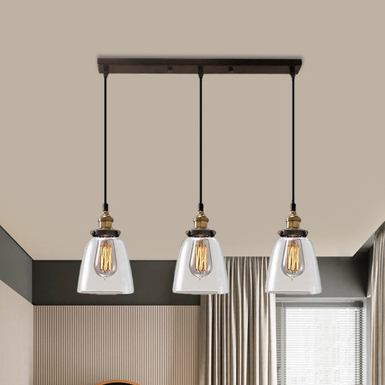 Cone/Bowl Smoked Glass Industrial Pendant Hanging Lamp - 3-Light Coffee Shop Fixture with Multi-Lights - Linear/Round Canopy