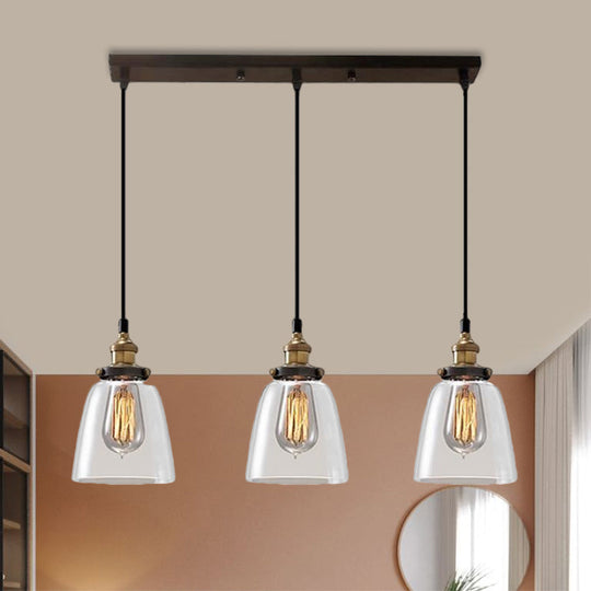 Cone/Bowl Smoked Glass Industrial Pendant Hanging Lamp - 3-Light Coffee Shop Fixture with Multi-Lights - Linear/Round Canopy