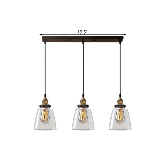 Cone/Bowl Smoked Glass Industrial Pendant Hanging Lamp - 3-Light Coffee Shop Fixture with Multi-Lights - Linear/Round Canopy