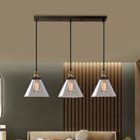 Cone/Bowl Smoked Glass Industrial Pendant Hanging Lamp - 3-Light Coffee Shop Fixture with Multi-Lights - Linear/Round Canopy