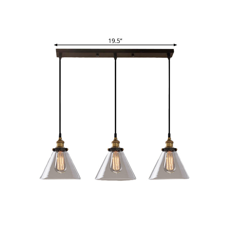 Cone/Bowl Smoked Glass Industrial Pendant Hanging Lamp - 3-Light Coffee Shop Fixture with Multi-Lights - Linear/Round Canopy