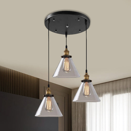 Cone/Bowl Smoked Glass Industrial Pendant Hanging Lamp - 3-Light Coffee Shop Fixture with Multi-Lights - Linear/Round Canopy