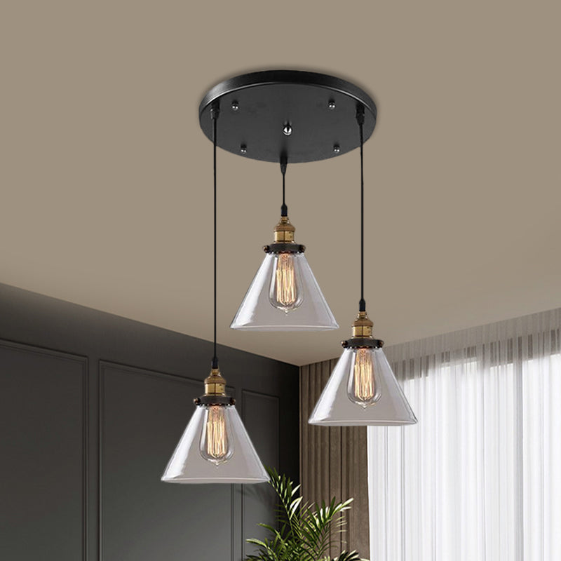 Cone/Bowl Smoked Glass Industrial Pendant Hanging Lamp - 3-Light Coffee Shop Fixture with Multi-Lights - Linear/Round Canopy