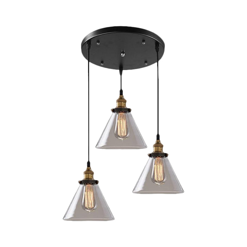 Cone/Bowl Smoked Glass Industrial Pendant Hanging Lamp - 3-Light Coffee Shop Fixture with Multi-Lights - Linear/Round Canopy