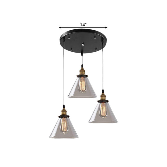 Cone/Bowl Smoked Glass Industrial Pendant Hanging Lamp - 3-Light Coffee Shop Fixture with Multi-Lights - Linear/Round Canopy