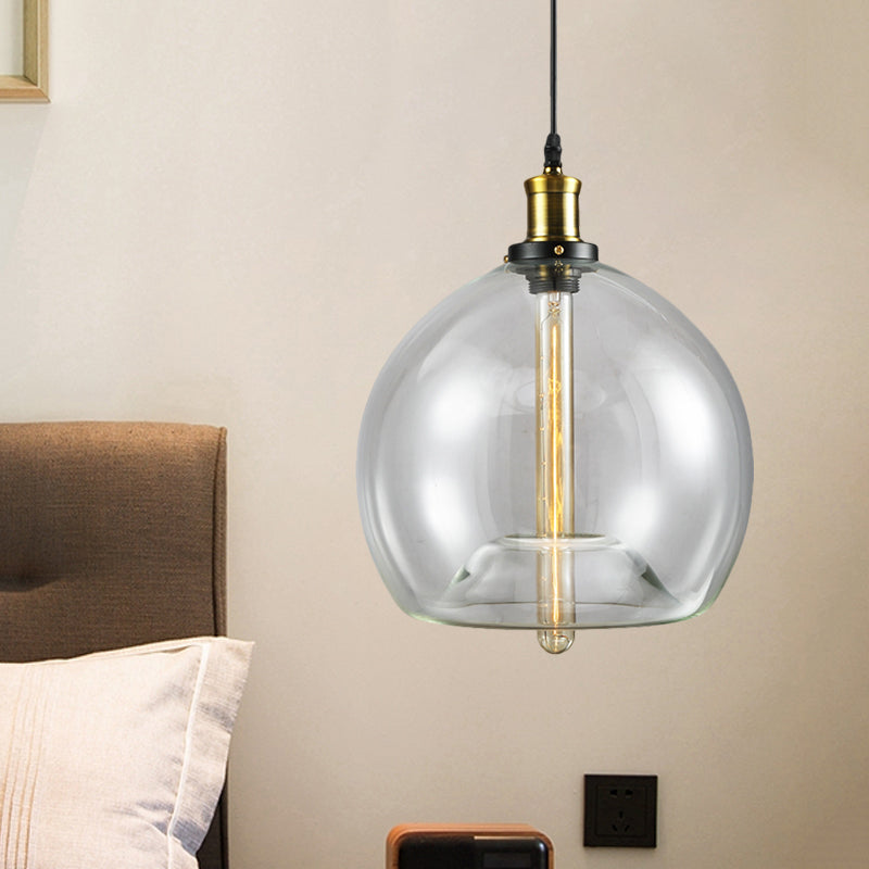 Industrial Brass Cylinder/Globe Pendant Light Fixture With Clear Glass - 1-Light Ceiling Hanging /