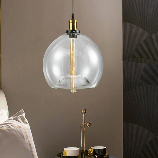 Industrial Brass Cylinder/Globe Pendant Light Fixture With Clear Glass - 1-Light Ceiling Hanging