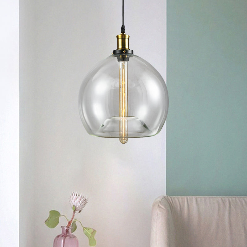 Industrial Brass Cylinder/Globe Pendant Light Fixture With Clear Glass - 1-Light Ceiling Hanging