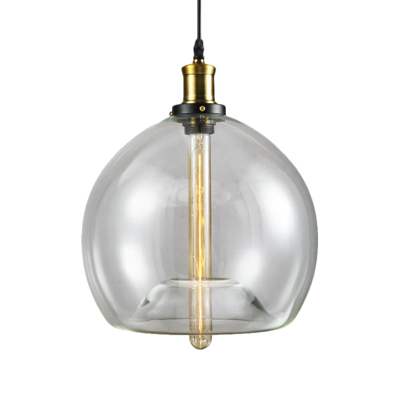 Industrial Brass Cylinder/Globe Pendant Light Fixture With Clear Glass - 1-Light Ceiling Hanging