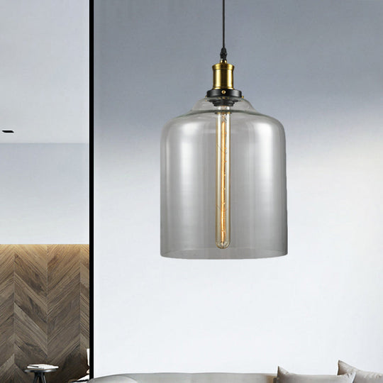 Industrial Brass Cylinder/Globe Pendant Light Fixture With Clear Glass - 1-Light Ceiling Hanging