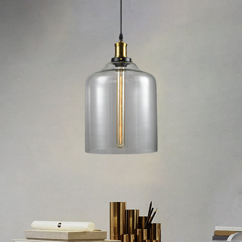 Industrial Brass Cylinder/Globe Pendant Light Fixture With Clear Glass - 1-Light Ceiling Hanging