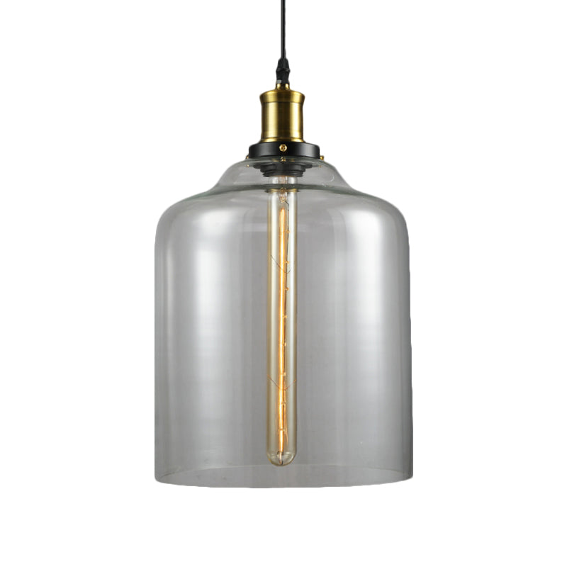 Industrial Brass Cylinder/Globe Pendant Light Fixture With Clear Glass - 1-Light Ceiling Hanging