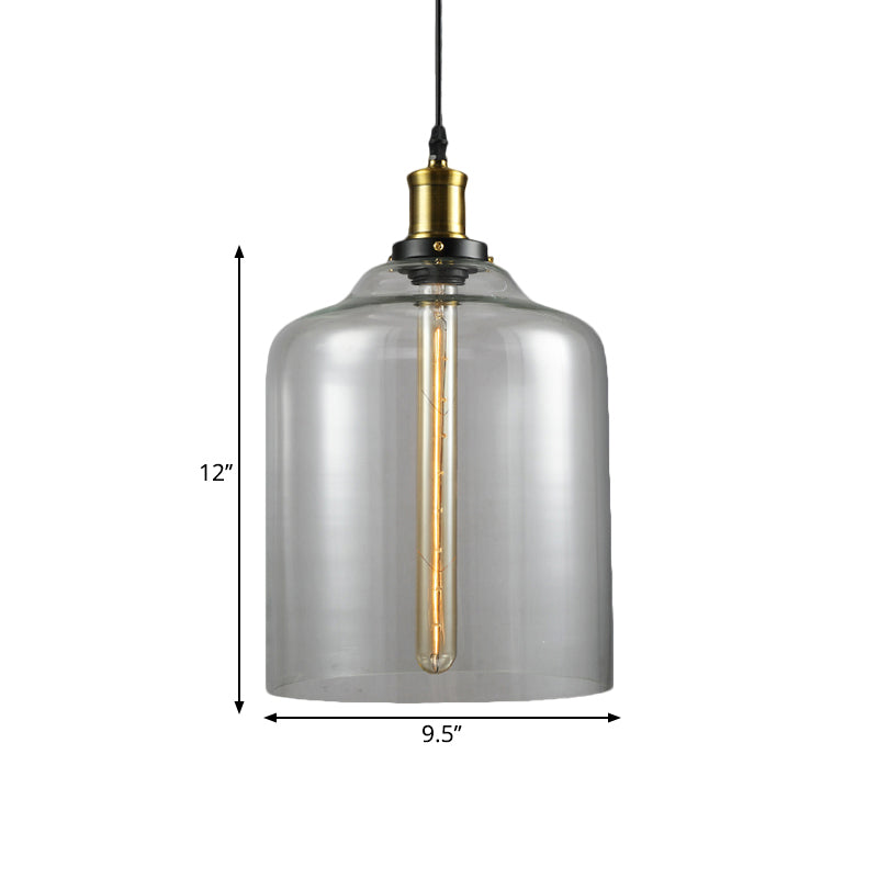 Industrial Brass Cylinder/Globe Pendant Light Fixture With Clear Glass - 1-Light Ceiling Hanging