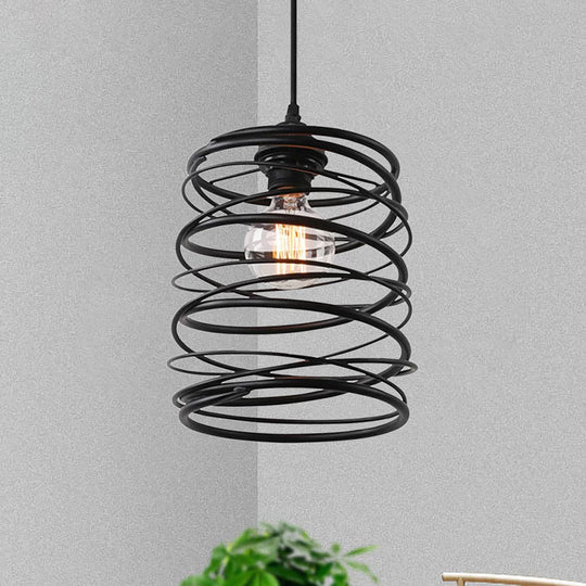 Black Metal Swirl Shade Pendant Light Fixture: Industrial Style With Ribbon Design - 1 Bulb Ceiling