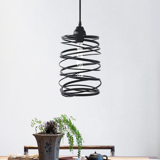 Black Metal Swirl Shade Pendant Light Fixture: Industrial Style With Ribbon Design - 1 Bulb Ceiling