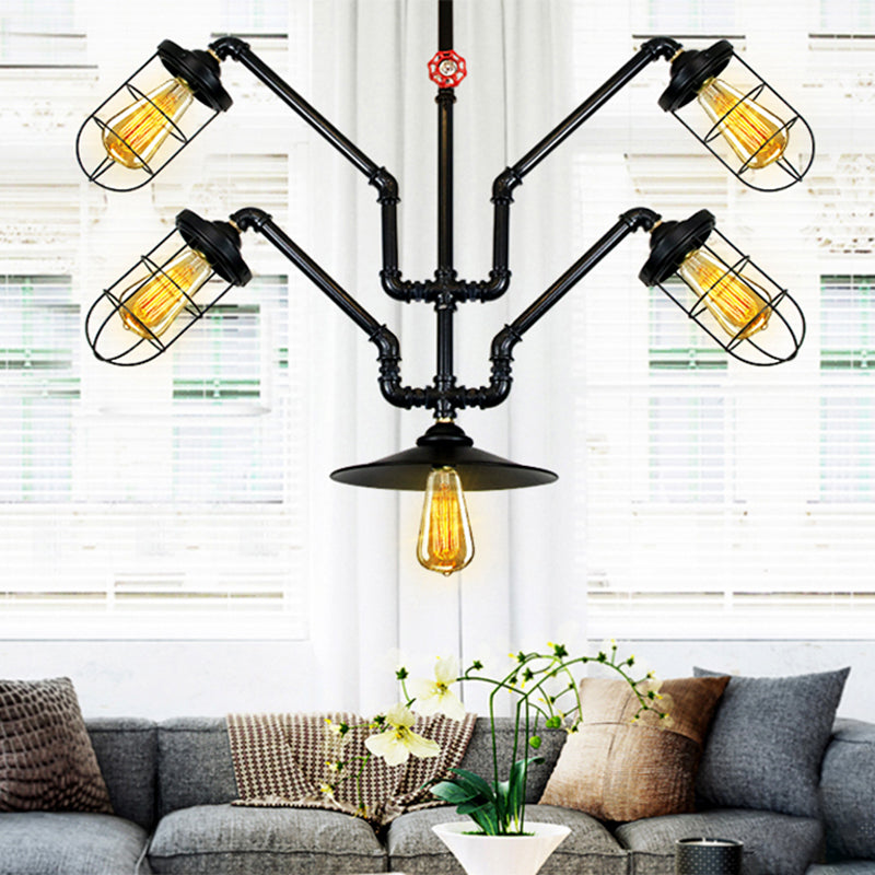 Industrial Style Chandelier Lamp: 5-Light Wire Cage Suspension with Water Pipe – Ideal for Dining Room