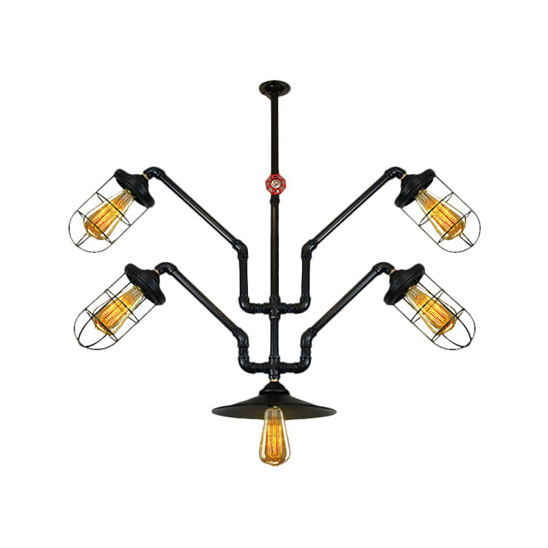 Industrial Style Chandelier Lamp: 5-Light Wire Cage Suspension with Water Pipe – Ideal for Dining Room