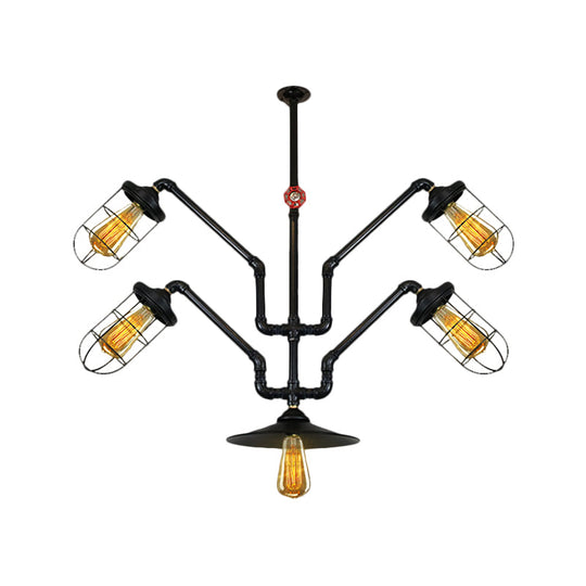 Industrial Style Chandelier Lamp: 5-Light Wire Cage Suspension with Water Pipe – Ideal for Dining Room