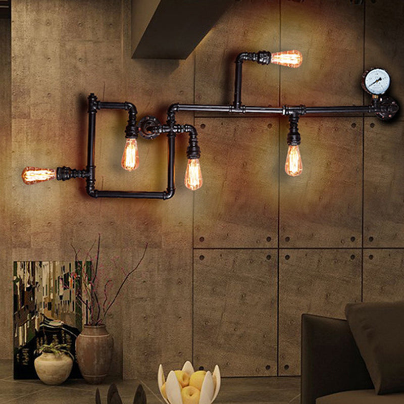 Industrial Black Metal Maze Sconce Light With Water Pipe - 5-Light Restaurant Wall Lamp