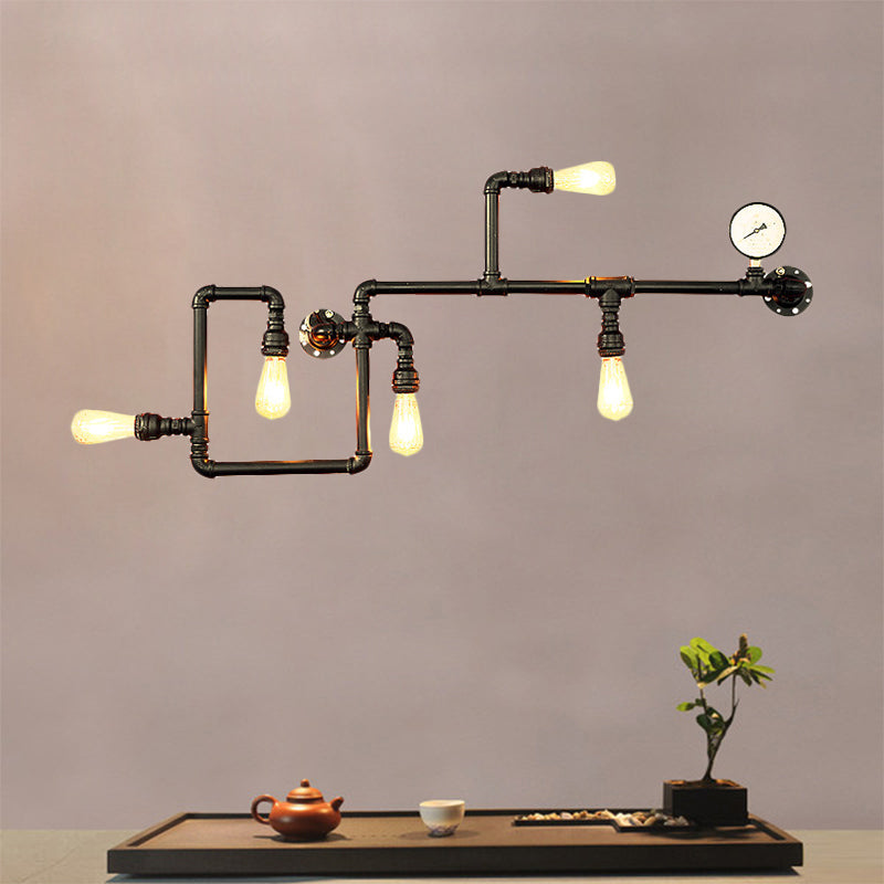 Industrial Black Metal Maze Sconce Light With Water Pipe - 5-Light Restaurant Wall Lamp