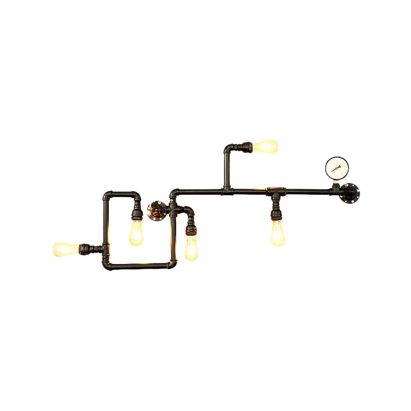 Industrial Black Metal Maze Sconce Light With Water Pipe - 5-Light Restaurant Wall Lamp