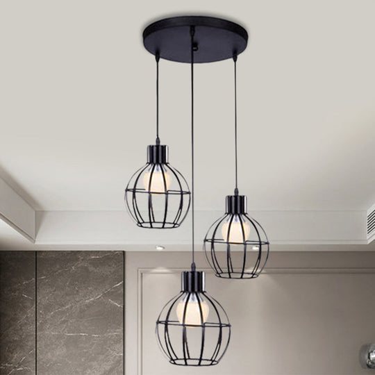 Vintage Black Cage-Style Suspended Ceiling Lamp By 3 Lights Global