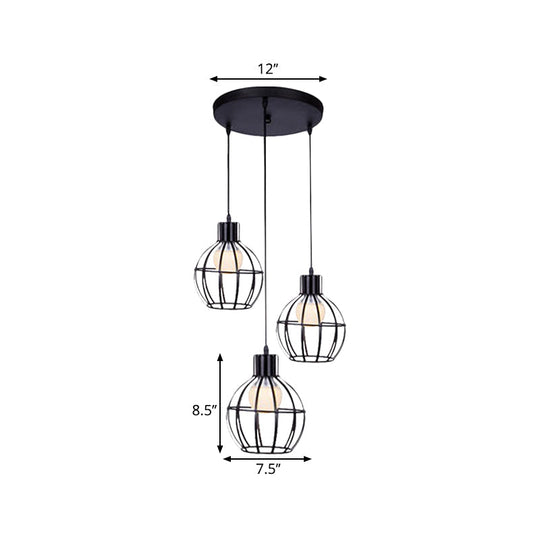 Vintage Black Cage-Style Suspended Ceiling Lamp By 3 Lights Global